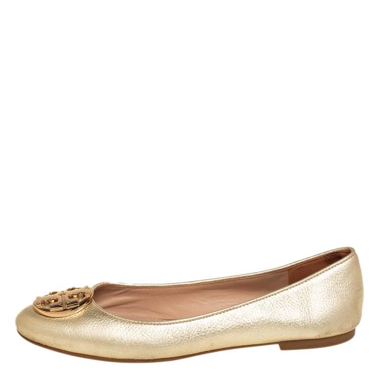 Pre Owned Tory Burch Gold Leather Minnie Ballet Flats Size 37