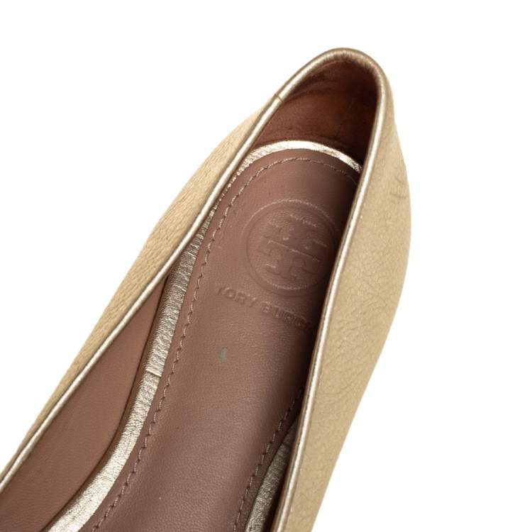 Pre Owned Tory Burch Gold Leather Minnie Ballet Flats Size 37