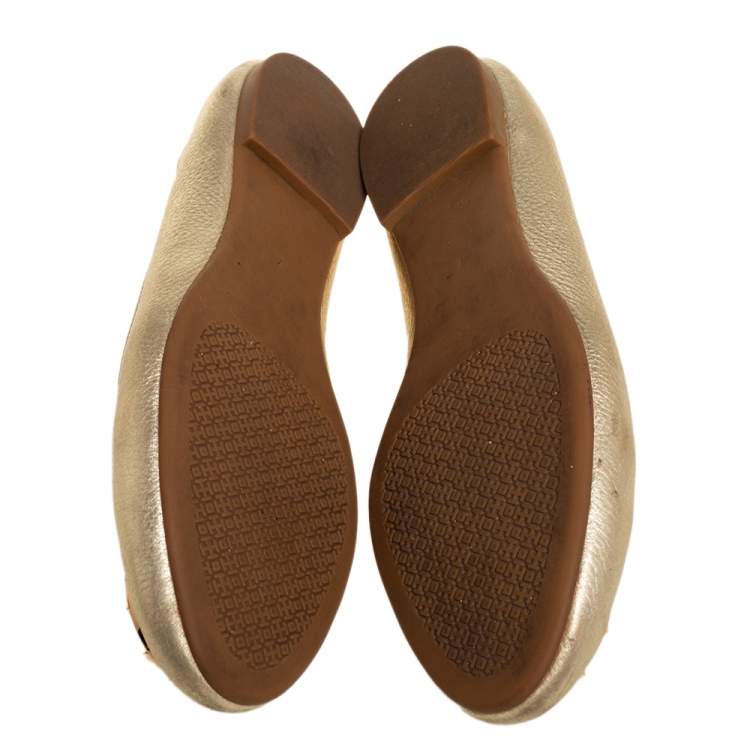 Pre Owned Tory Burch Gold Leather Minnie Ballet Flats Size 37