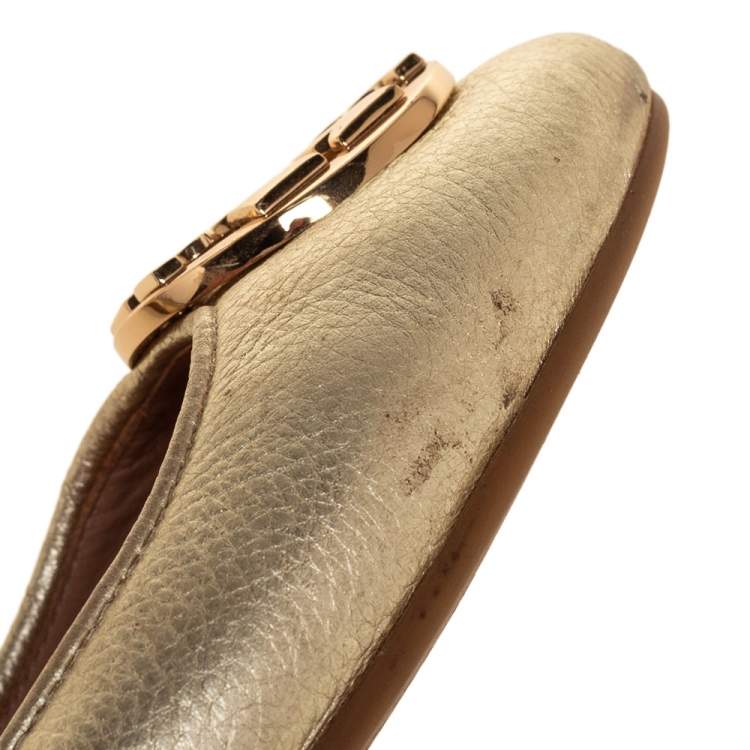 Pre Owned Tory Burch Gold Leather Minnie Ballet Flats Size 37