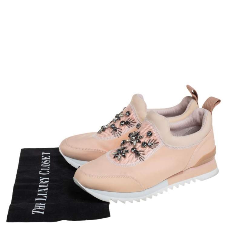 Pre Owned Tory Burch Beige Neoprene And Mesh Storm Cloud Crystal Embellished  Slip On Sneakers Size 40.5
