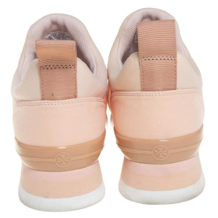 Pre Owned Tory Burch Beige Neoprene And Mesh Storm Cloud Crystal Embellished  Slip On Sneakers Size 40.5