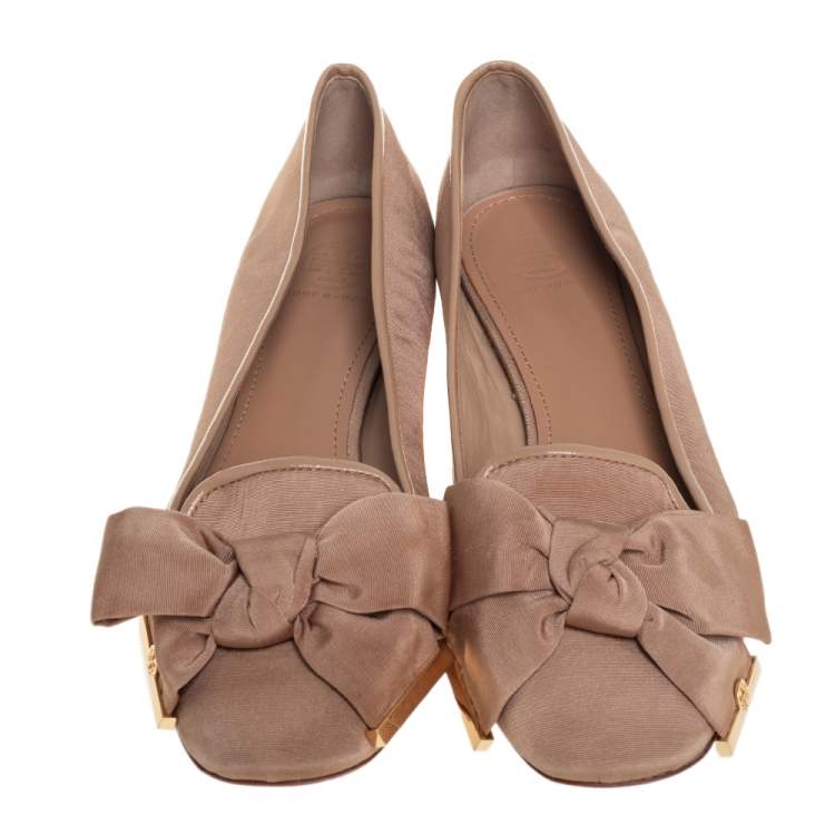 Pre Owned Tory Burch Metallic Beige Fabric Bow Ballet Flats Size 40