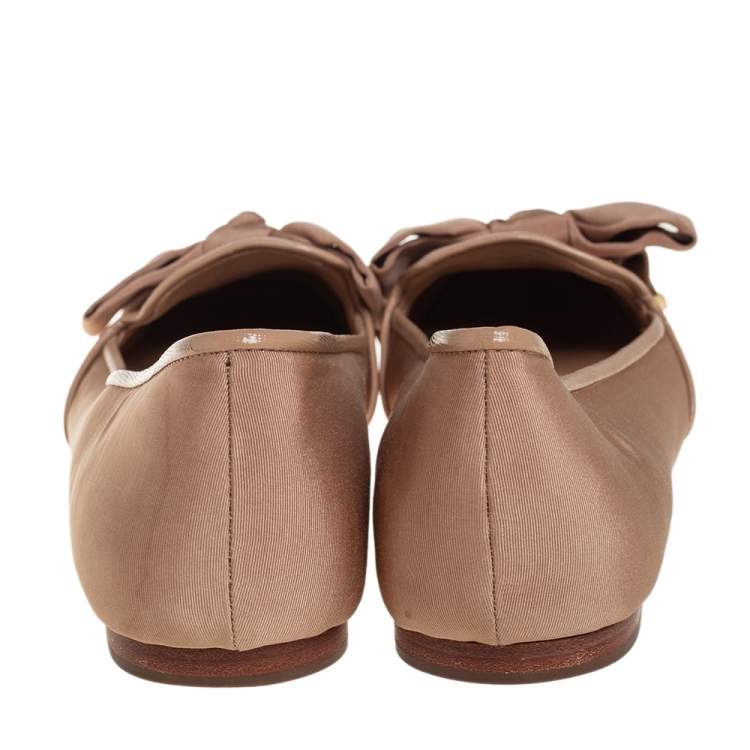 Pre Owned Tory Burch Metallic Beige Fabric Bow Ballet Flats Size 40