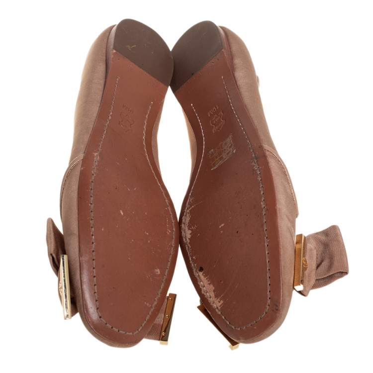 Pre Owned Tory Burch Metallic Beige Fabric Bow Ballet Flats Size 40