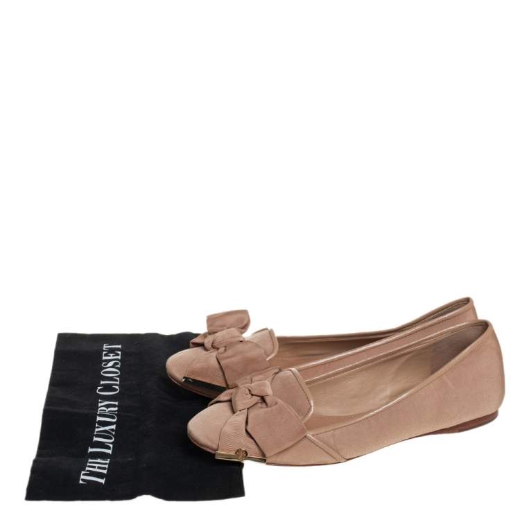Pre Owned Tory Burch Metallic Beige Fabric Bow Ballet Flats Size 40