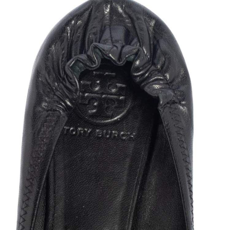 Pre Owned Tory Burch Black Leather Reva Scrunch Ballet Flats Size 38