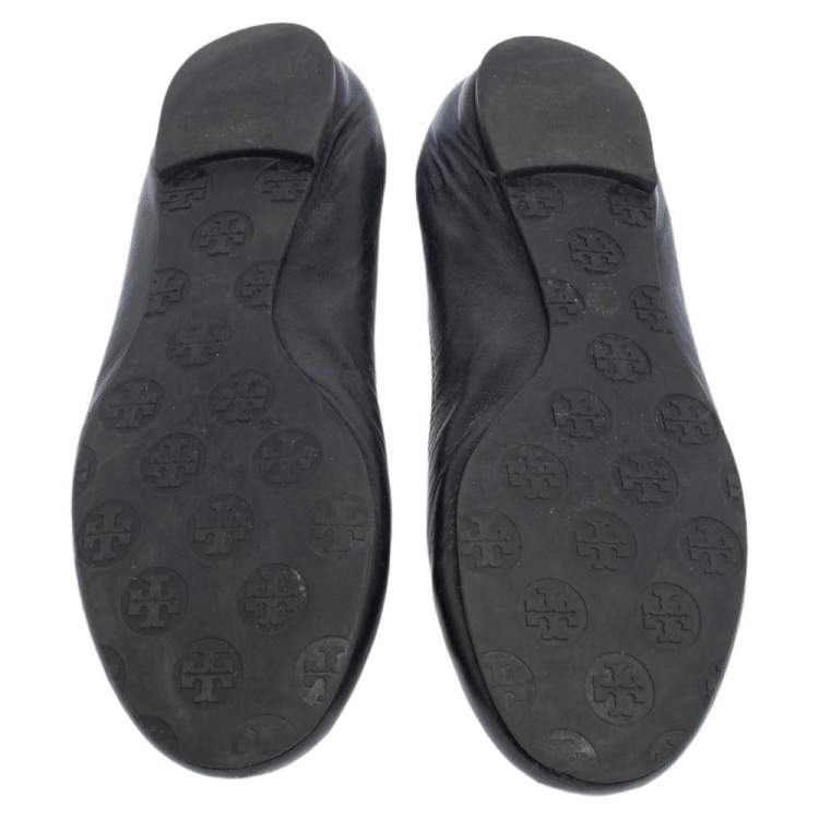 Pre Owned Tory Burch Black Leather Reva Scrunch Ballet Flats Size 38