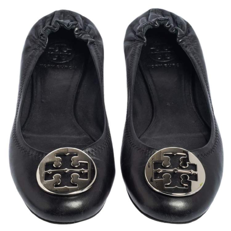 Pre Owned Tory Burch Black Leather Reva Scrunch Ballet Flats Size 38