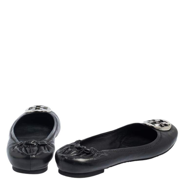 Pre Owned Tory Burch Black Leather Reva Scrunch Ballet Flats Size 38