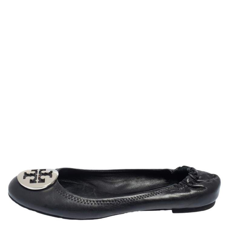 Pre Owned Tory Burch Black Leather Reva Scrunch Ballet Flats Size 38