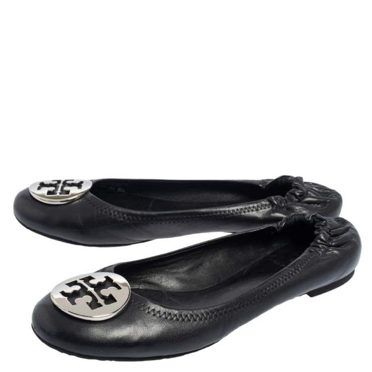 Pre Owned Tory Burch Black Leather Reva Scrunch Ballet Flats Size 38