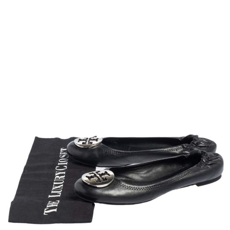 Pre Owned Tory Burch Black Leather Reva Scrunch Ballet Flats Size 38