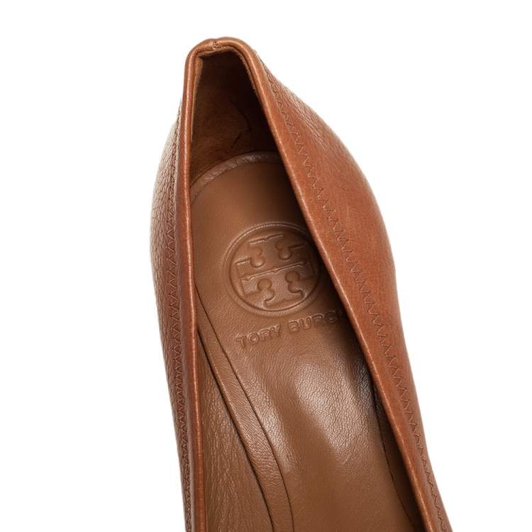 Pre Owned Tory Burch Brown Leather Peep Toe Wedge Pumps Size 38.5