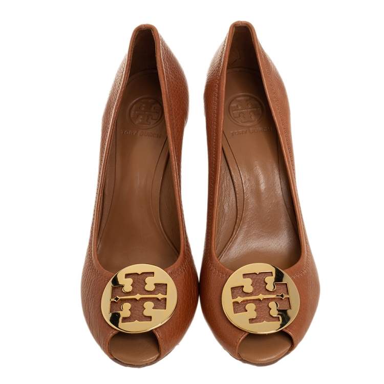 Pre Owned Tory Burch Brown Leather Peep Toe Wedge Pumps Size 38.5