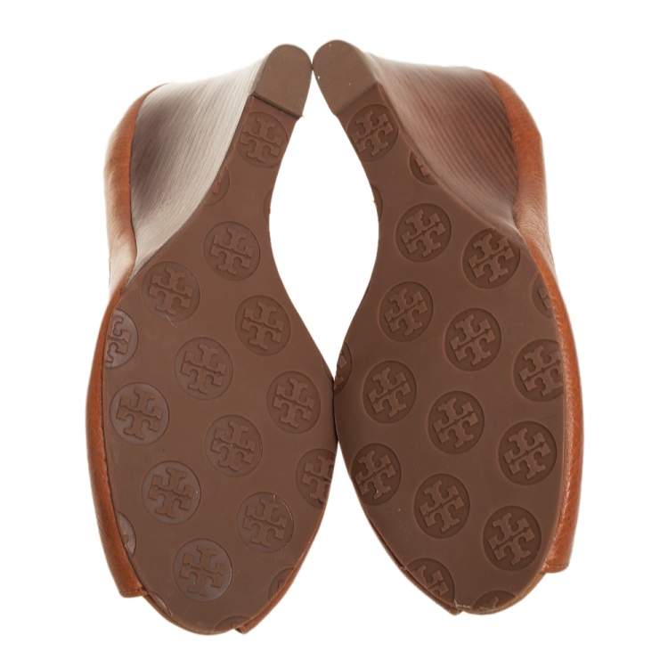 Pre Owned Tory Burch Brown Leather Peep Toe Wedge Pumps Size 38.5