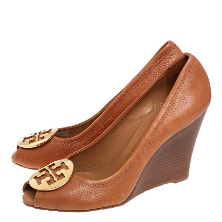 Pre Owned Tory Burch Brown Leather Peep Toe Wedge Pumps Size 38.5