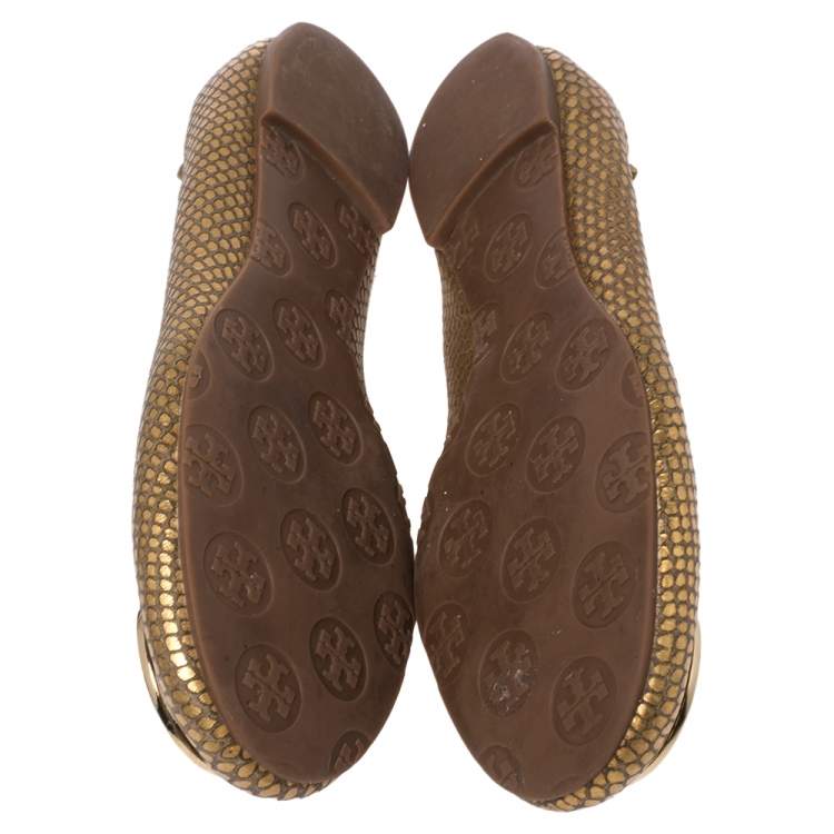Pre Owned Tory Burch Metallic Gold Snakeskin Effect Leather Minnie Scrunch Ballet Flats Size 37