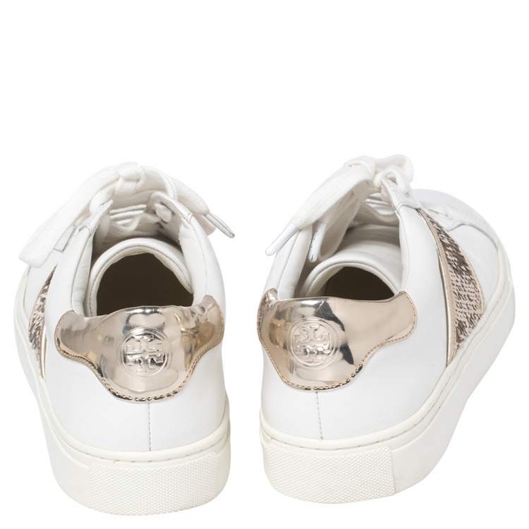Pre Owned Tory Burch White/Gold Leather And Sequin Carter Sneakers Size 38.5