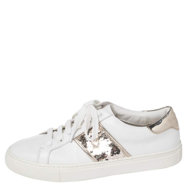 Tory Burch White/Gold Leather And Sequin Carter Sneakers Size  Tory  Burch | TLC