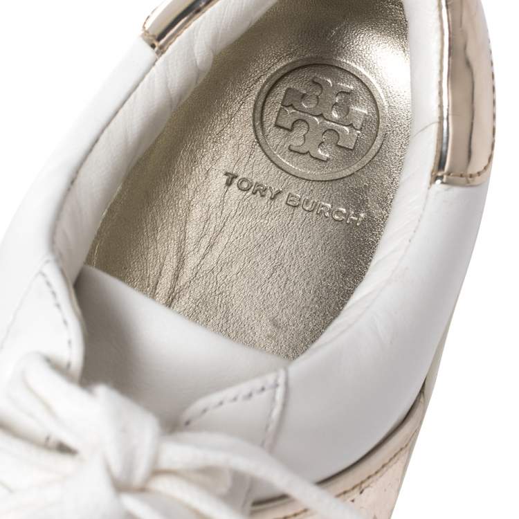 Pre Owned Tory Burch White/Gold Leather And Sequin Carter Sneakers Size 38.5