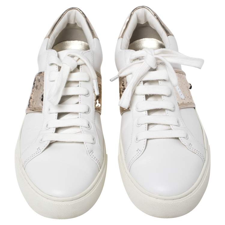 Pre Owned Tory Burch White/Gold Leather And Sequin Carter Sneakers Size 38.5