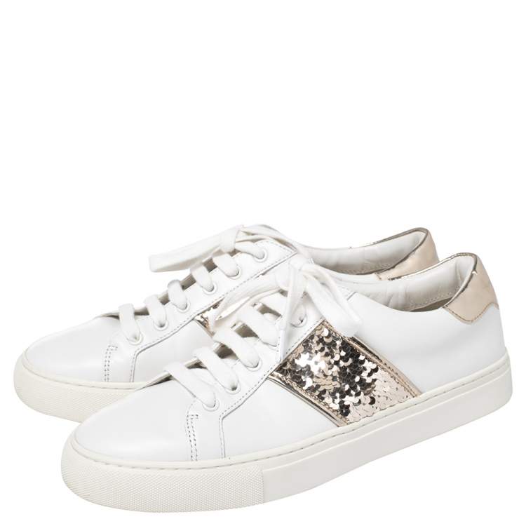 Pre Owned Tory Burch White/Gold Leather And Sequin Carter Sneakers Size 38.5