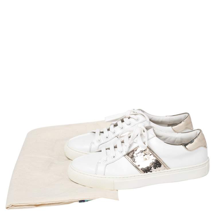 Pre Owned Tory Burch White/Gold Leather And Sequin Carter Sneakers Size 38.5