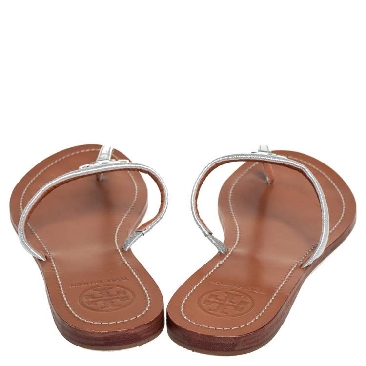 Pre Owned Tory Burch Silver Leather Thong Flats Size 39