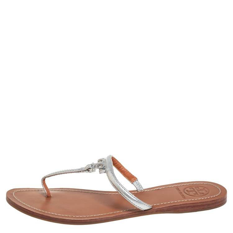Pre Owned Tory Burch Silver Leather Thong Flats Size 39
