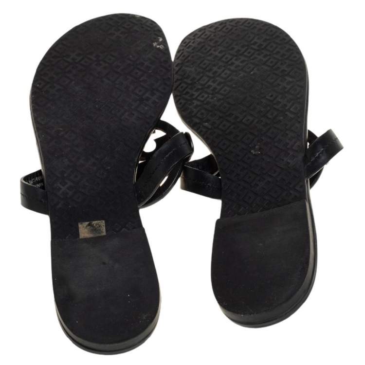 Pre Owned Tory Burch Black/Gold Leather Miller Flat Thong Sandals Size 41