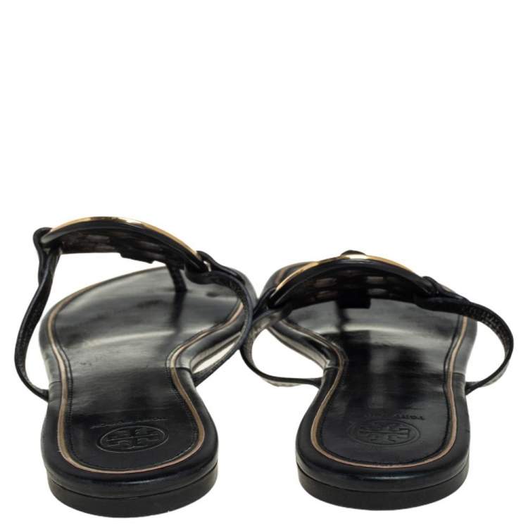 Pre Owned Tory Burch Black/Gold Leather Miller Flat Thong Sandals Size 41