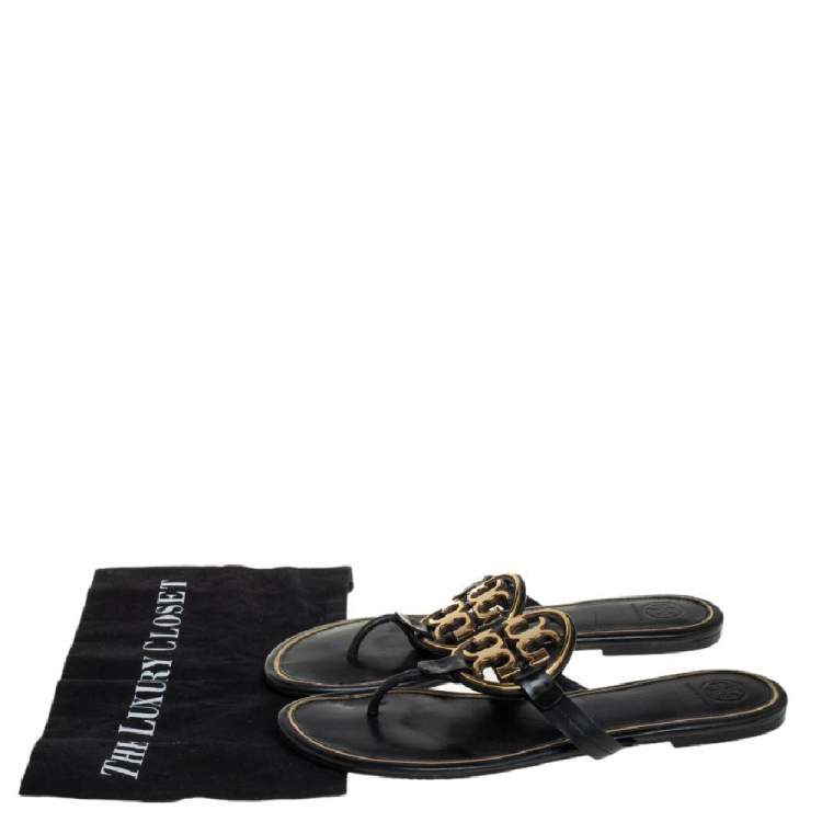 Pre Owned Tory Burch Black/Gold Leather Miller Flat Thong Sandals Size 41