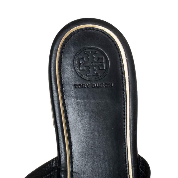 Pre Owned Tory Burch Black/Gold Leather Miller Flat Thong Sandals Size 41