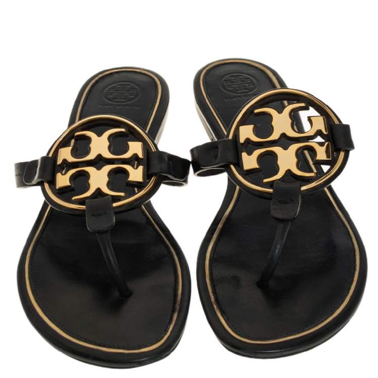 Pre Owned Tory Burch Black/Gold Leather Miller Flat Thong Sandals Size 41