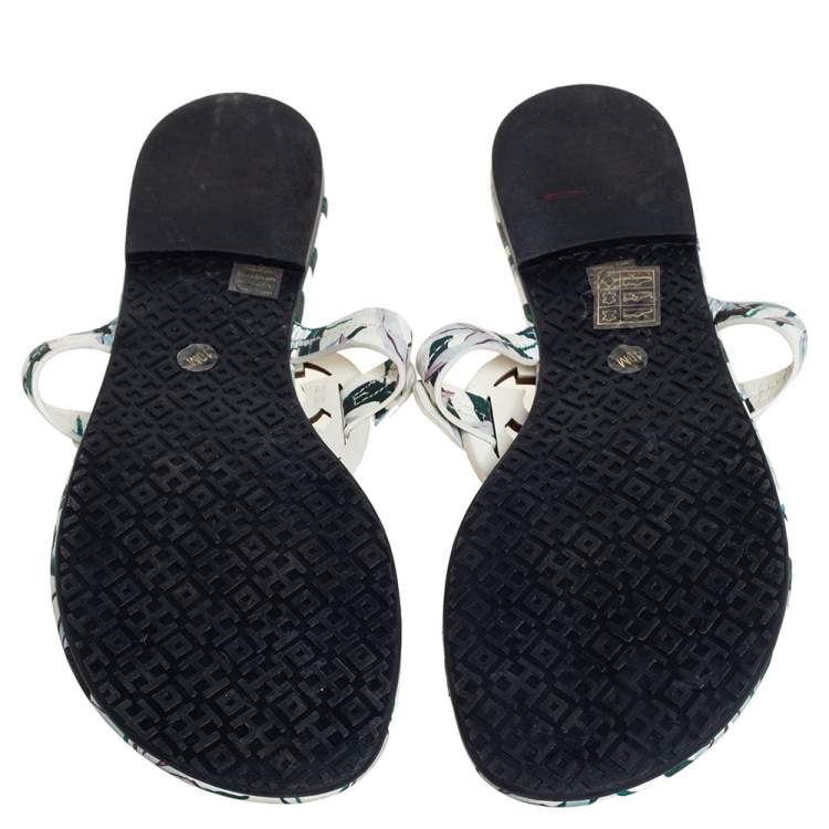 Pre Owned Tory Burch White/Green Floral Print Leather Miller Flat Thong Sandals Size 40