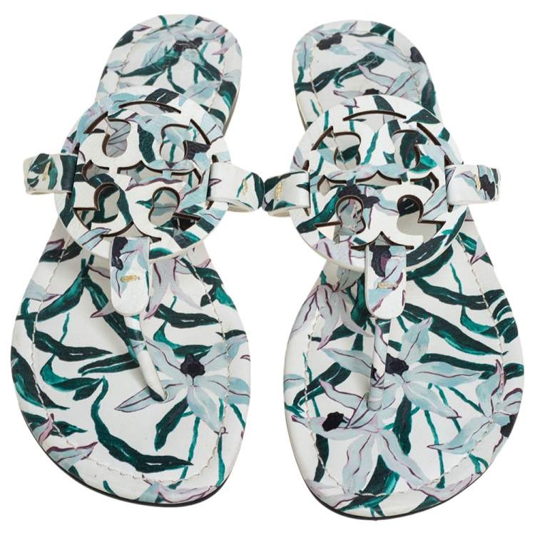 Pre Owned Tory Burch White/Green Floral Print Leather Miller Flat Thong Sandals Size 40