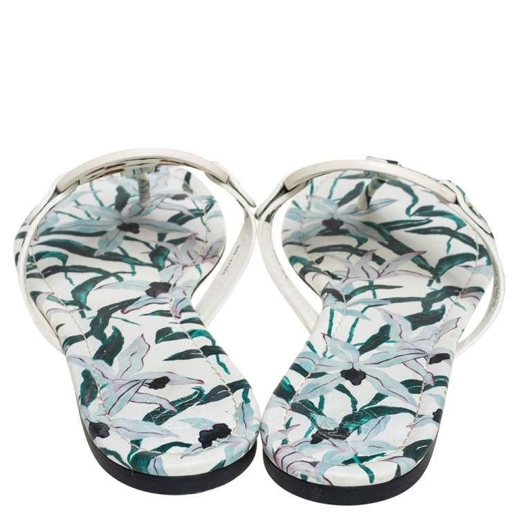 Pre Owned Tory Burch White/Green Floral Print Leather Miller Flat Thong Sandals Size 40