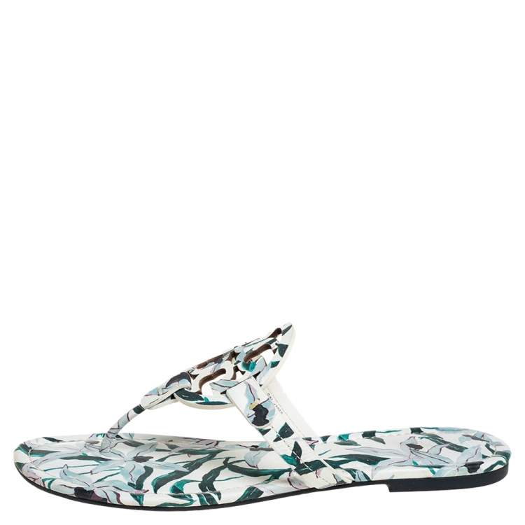 Tory Burch White/Green Floral Print Leather Miller Flat Thong Sandals Size  40 Tory Burch | TLC