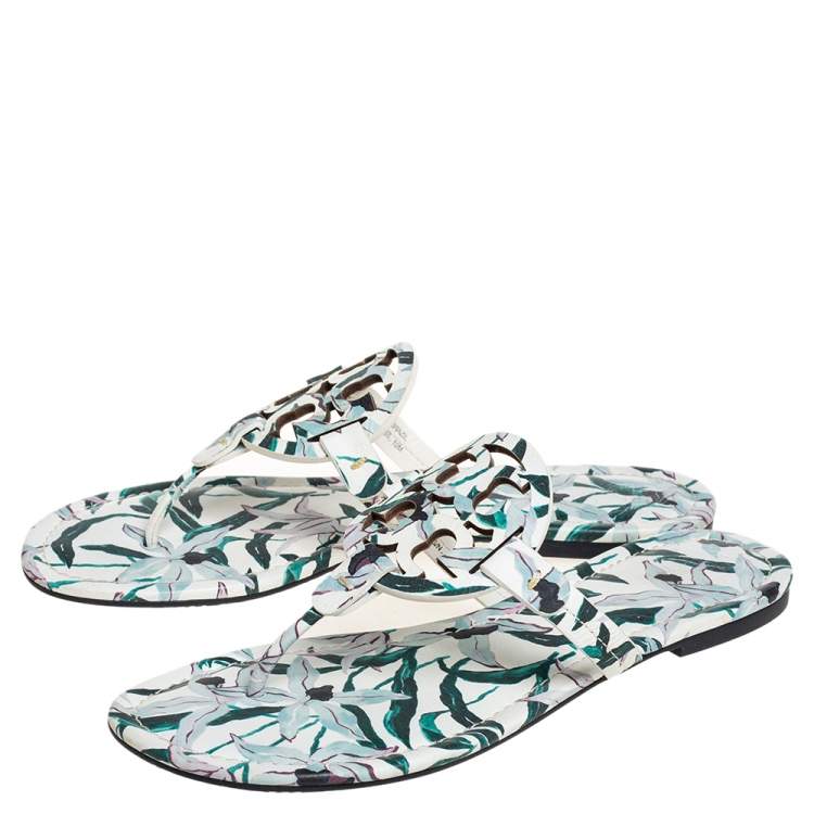 Pre Owned Tory Burch White/Green Floral Print Leather Miller Flat Thong Sandals Size 40