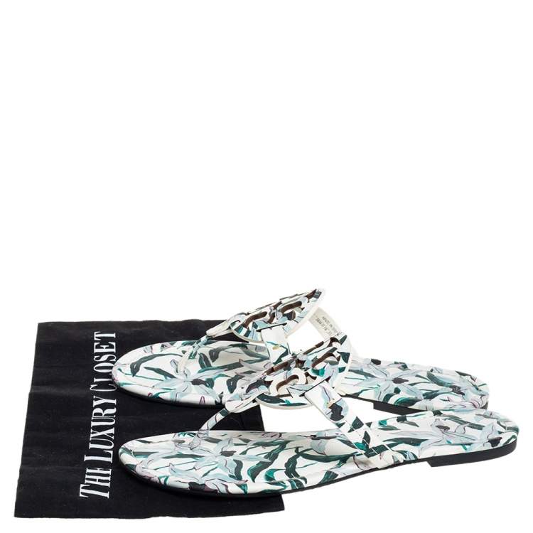 Pre Owned Tory Burch White/Green Floral Print Leather Miller Flat Thong Sandals Size 40