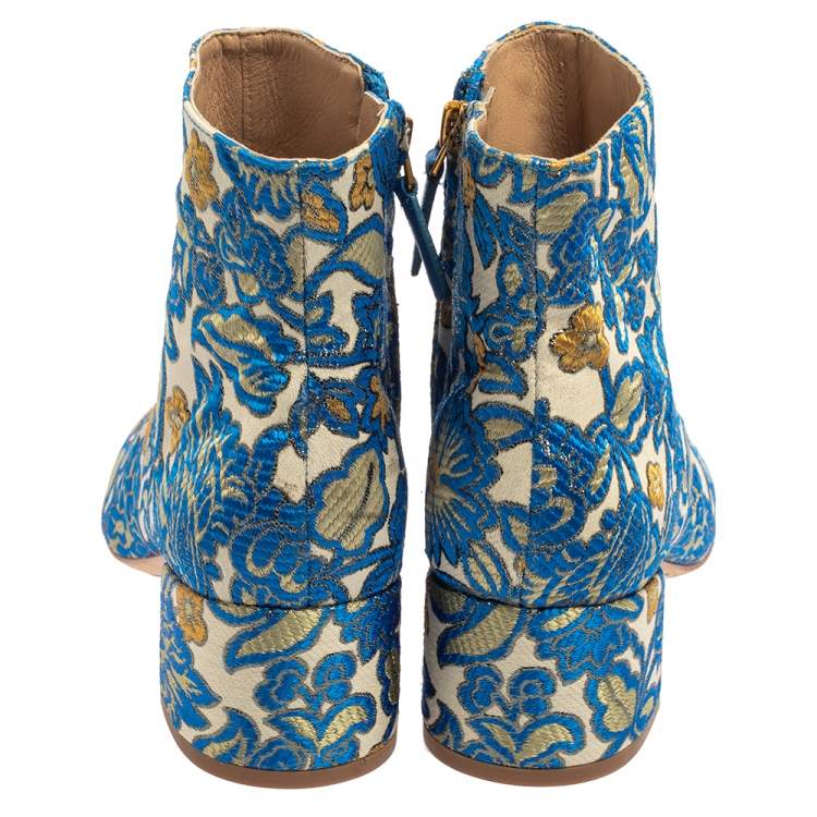 Pre Owned Tory Burch Multicolor Brocade Fabric Block Heel Ankle Boots Size 36