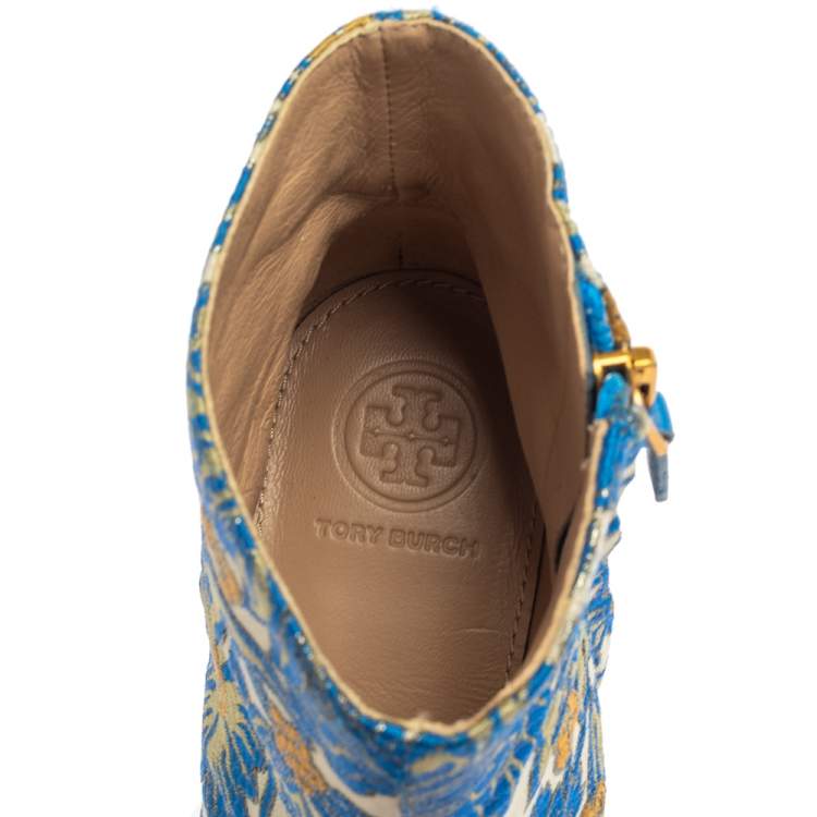 Pre Owned Tory Burch Multicolor Brocade Fabric Block Heel Ankle Boots Size 36