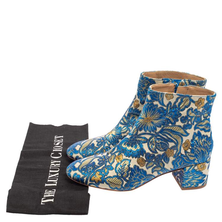 Pre Owned Tory Burch Multicolor Brocade Fabric Block Heel Ankle Boots Size 36
