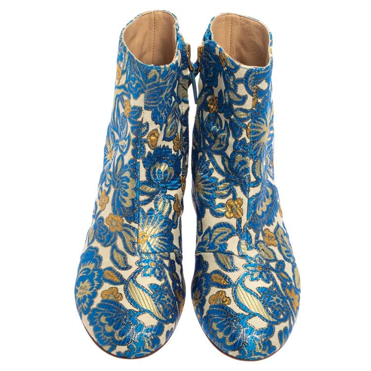 Pre Owned Tory Burch Multicolor Brocade Fabric Block Heel Ankle Boots Size 36