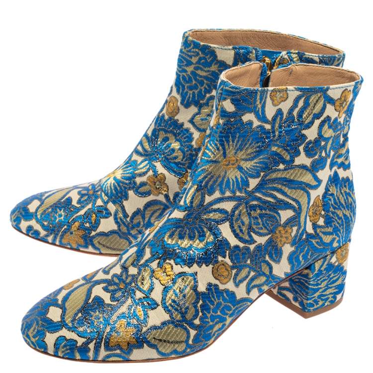 Pre Owned Tory Burch Multicolor Brocade Fabric Block Heel Ankle Boots Size 36