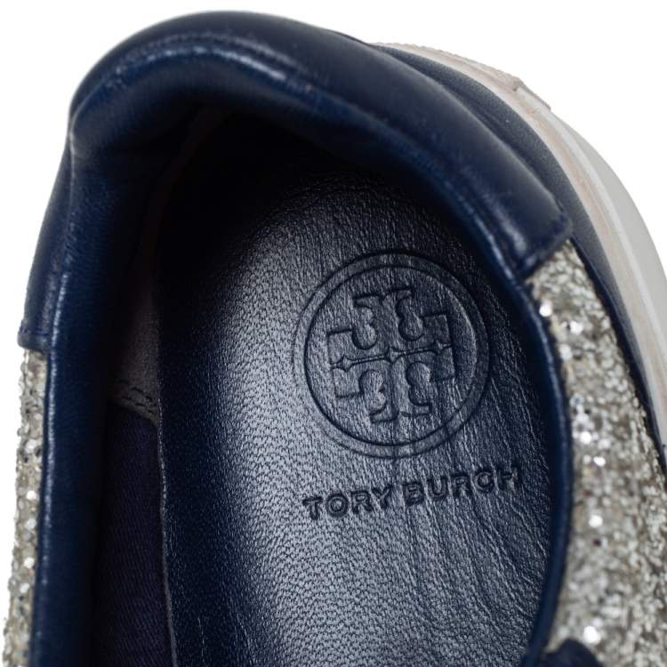 Pre Owned Tory Burch Blue/Silver Leather And Glitter Milo Low Top Sneakers Size 36