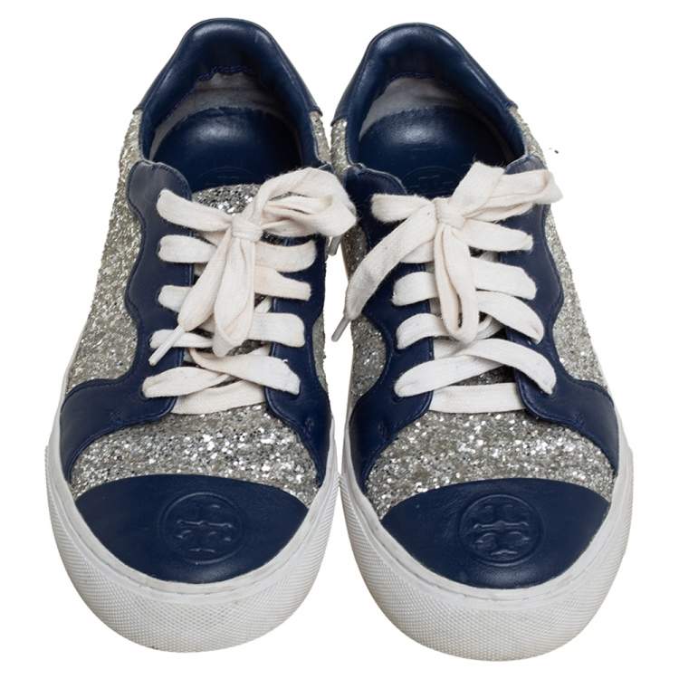 Pre Owned Tory Burch Blue/Silver Leather And Glitter Milo Low Top Sneakers Size 36