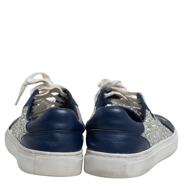 Pre Owned Tory Burch Blue/Silver Leather And Glitter Milo Low Top Sneakers Size 36