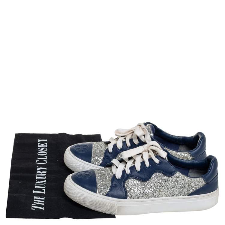 Pre Owned Tory Burch Blue/Silver Leather And Glitter Milo Low Top Sneakers Size 36